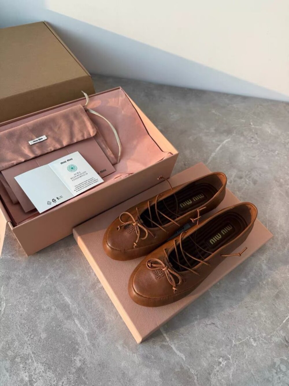 Miu Miu Women Brown Leather Lace‑Up Ballerina Flat Shoes